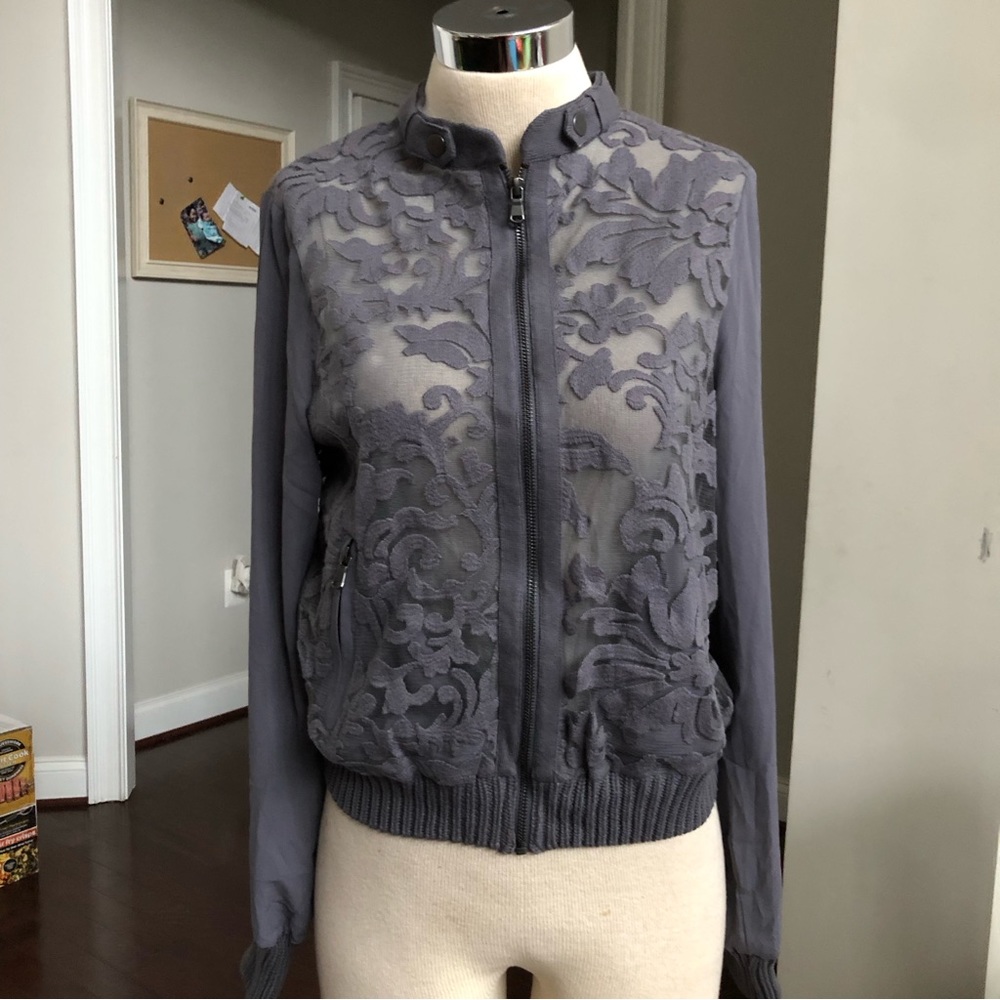 Mint Velvet Sheer Sleeves Lace Bomber Jacket